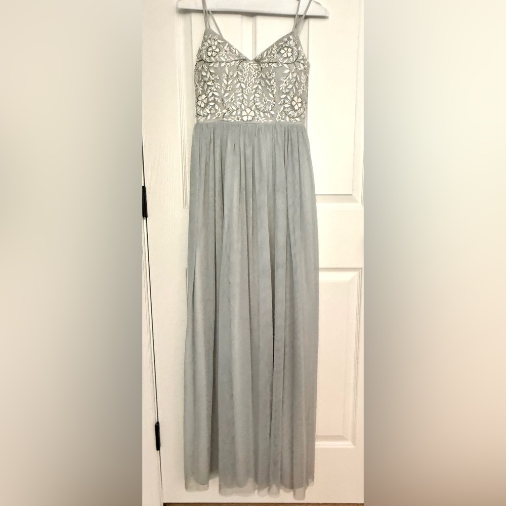 Elegant BHLDN Silver Maxi Dress with Beaded Lace Bodice